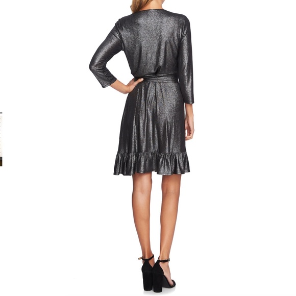 NWT CECE Metallic Shimmer Ruffle Long Sleeve Wrap Dress - Picture 4 of 7